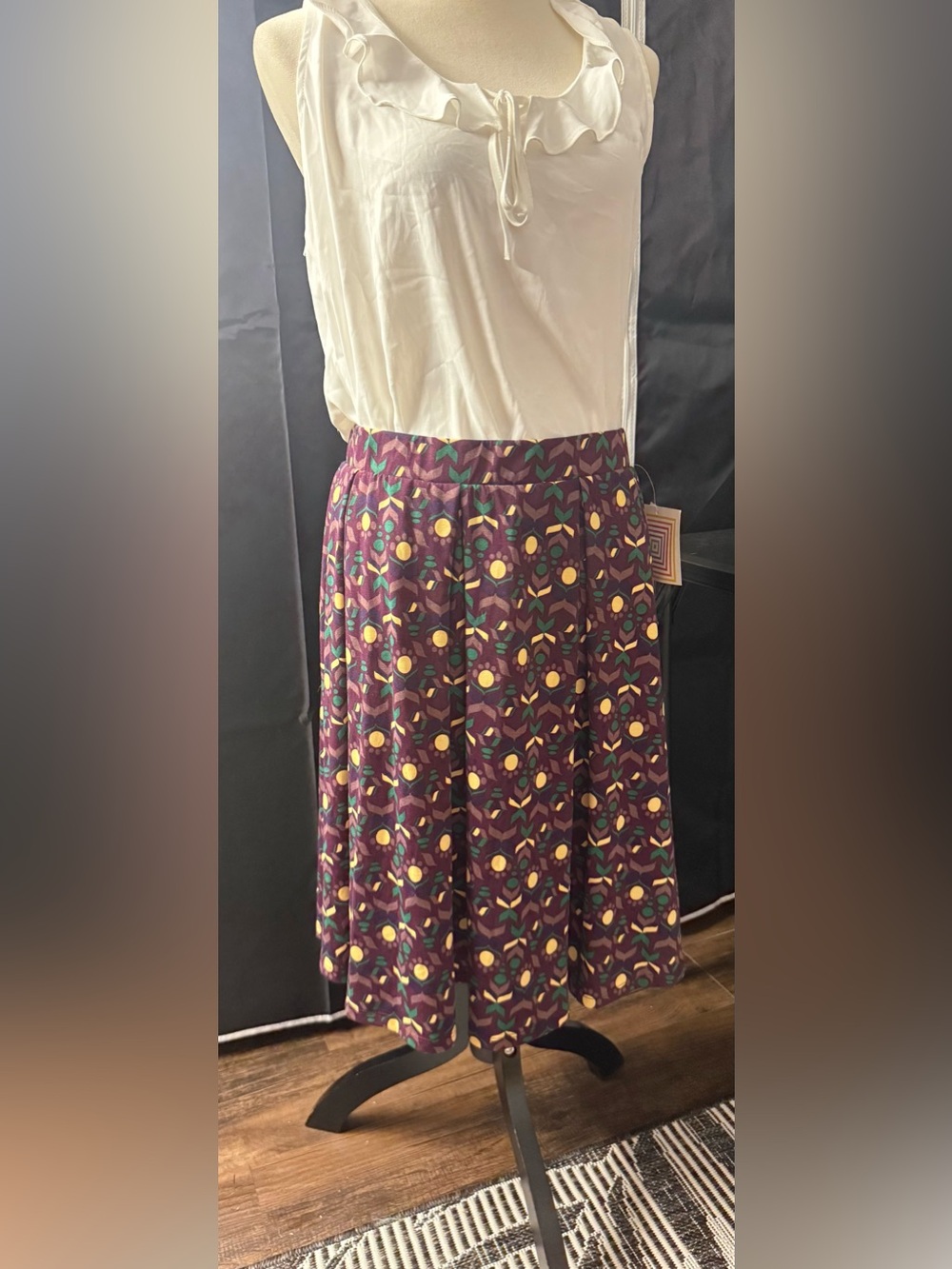 LuLaRoe Plum Floral Midi Skirt with Yellow and Teal Motif
